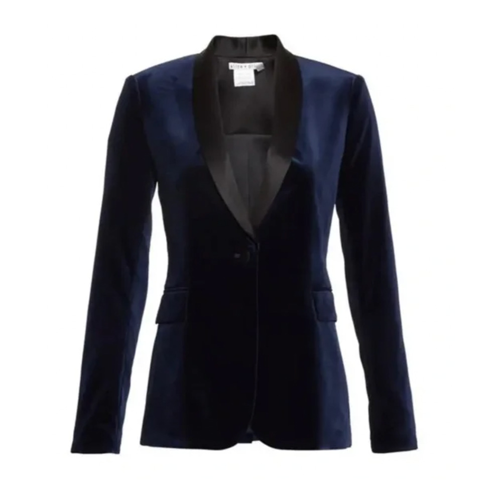 Alice+Olivia 2 Velvet Tuxedo Blazer $550 Navy Blue Black Satin Collar Jacket NWT - Picture 10 of 10
